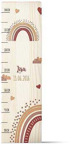 GRAVURZEILE Messlatte für Kinder aus Holz - Regenbogen Rot Design - mit Namen für Kinderzimmer - Skala misst 80-140 cm - Größe 20 x 70 x 2 cm - Geschenk zur Geburt für Mädchen & Jungen