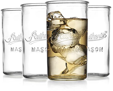 Glaver's Drinking Glasses – Set of 4 Authentic Mason Vintage Glassware – Clear Glass Tumblers for Cocktails, Water, Juice – Embossed Vintage Drinking Glasses