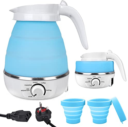 Foldable Electric Kettle - Portable Silicone Kettle for Travel with Separable Power Cord and 2 Silicone Folding Cup, Folding Electric Kettle for Indoor, Outdoor, Camping,Travel Kettle