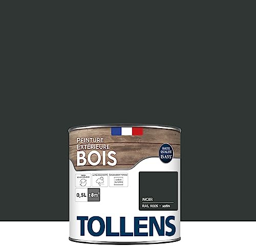 Tollens - Peinture extérieure bois 2 en 1 - Ultra Résistante - Finition Satin - Laque Riche en Résine - Pour Toute Boiserie Extérieure - Sans Sous-Couche - Noir - 0,5L = 8m2