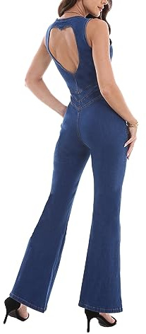 Sematomala Women's Sleeveless Y2K Jean Jumpsuit Flared Leg Pants Romper Halter Tank Top Denim Catsuit Maxi Overall, Blue-open Back, Medium