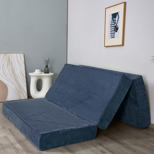 MAXYOYO Klappbare Cord-Matratze, dreifach Faltbare Bodenmatratze, 10 cm dick, mit waschbarem Bezug, in DREI Teile faltbar, platzsparend für Gäste (Bluestone, Einzelbett)