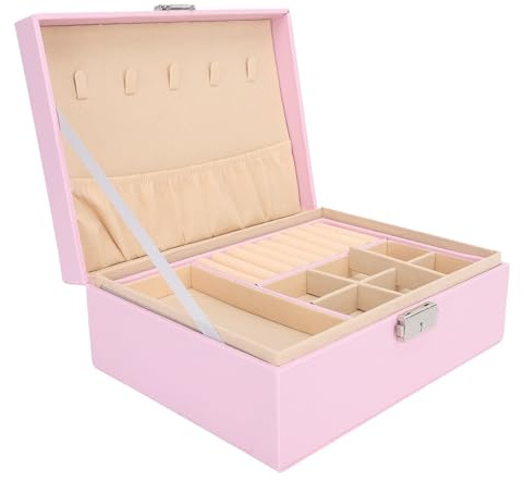 LJCM Organizador de Almacenamiento de Joyas, Joyero de Cuero PU Seguro y Elegante de Doble Capa, Ideal para Armario de Dormitorio (PINK)