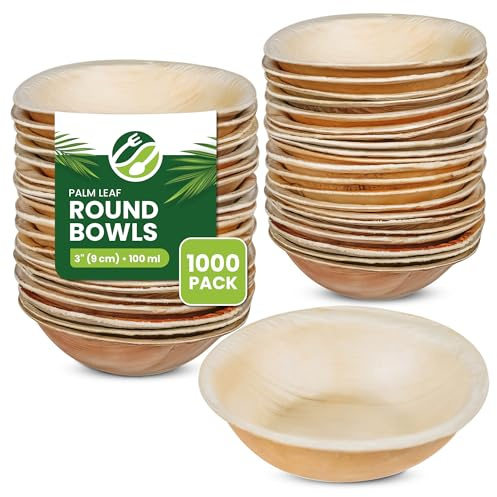 Eco Leaf 1000 Disposable Palm Leaf Mini Round Bowls, 3 (9cm), 100ml (3oz) - Biodegradable, Eco-Friendly Snack Bowls, Sauce Pots, Ketchup and Mayo Pots, Oven Safe for Parties