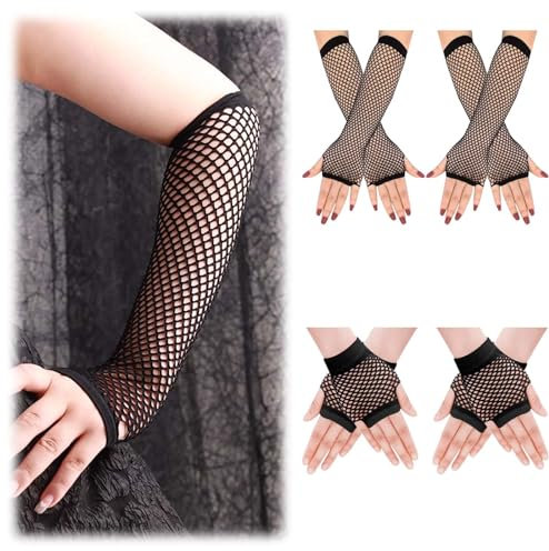 KAYEF 4 Paar Netzhandschuhe, Fischernetzhandschuhe Damen lang und kurz, schwarze fingerlose Fischernetzhandschuhe für Maskerade, Geburtstagsfeier und mehr!