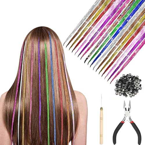 HIFOT Kit Extension de Cheveux Tinsel 50Pcs - Meche Couleur, Paillette Rajout Tresses, 100 Perles, 1 Pince et Crochet - Accessoires pour Fille Femmes, Party Festival Cosplay
