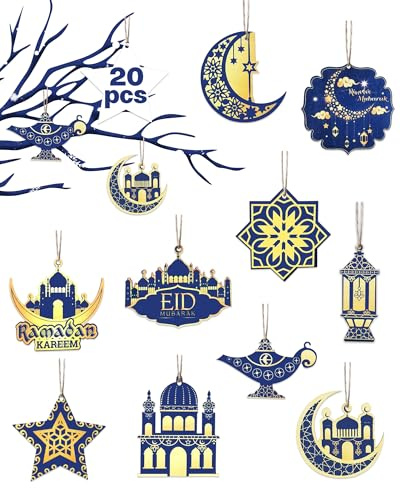 Gowik Ramadan Ornaments - 20pcs Wooden Pendant Ramadan Kareem Hanging Decoration Eid Mubarak, Moon Star Wind Light Shape DIY Crafts Decorative for Tabletop Trees Decor