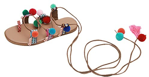 Janker Sandales bohème pour femme - Sandales à pompons - Imperméables - Doublées, multicolore, 39 EU