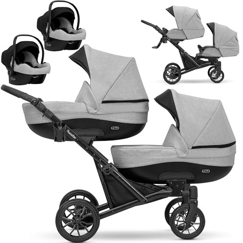KUNERT BOOSTER 3in1 2in1 Kinderwagen Komplettset Zwillingskinderwagen Babywagen Kombikinderwagen Komplettset Geschwisterwagen Kinder Wagen set Zwillingsbuggy Doppelkinderwagen (Grau, 3 in 1 Cosmo)