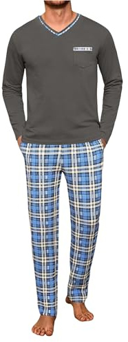 Demegimi Pigiama Uomo Invernale Cotone Pigiama da Uomo a Quadri Pigiami Due Pezzi da Uomo a Maniche Lunghe con Scollo a V e Pantaloni con Tasche