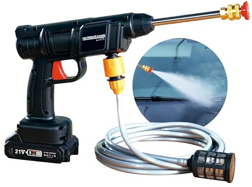 Press & Clean: Pistola de lavado de Alta Presión Portátil Sin Cables, Recargable. Accesorios: Cargador; Manguera presurizada con filtro; Dispensador jabón; Adaptador botellas; 2 Boquillas atomizadoras