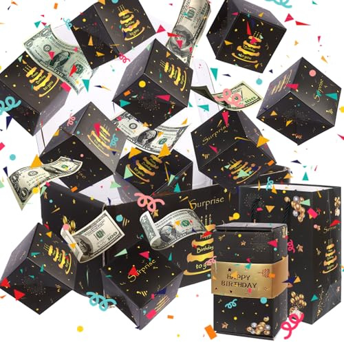 Happy Birthday Surprise Explosion Box - Black Gold Pop-Up Gift Box for Men, Dad, and Kids with Money Holder - DIY Folding Bouncing Design
