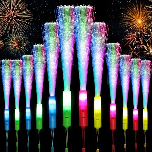 VEYLIN 12 Stück LED Leuchtstäbe Glasfaser, Leuchtwedel Bunte mit Batterie, Knicklichter für Kinder, Party, Weihnachten, Konzert, Hochzeit, Halloween