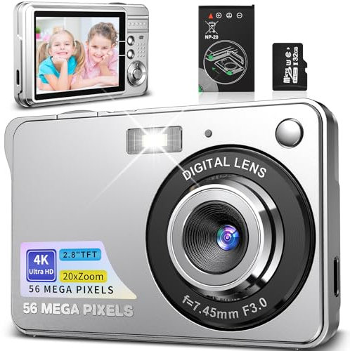 4K Digitalkamera 56MP Fotokamera mit Autofokus 20X Digitalzoom Fotoapparat Tragbare Kompaktkamera mit 32GB SD-Karte für Kinder Teenager Anfänger Geschenk (Silber)