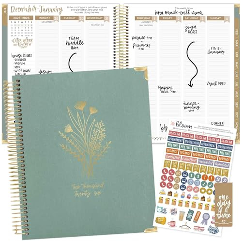 bloom daily planners 2026 Hardcover Calendar Year Goal & Vision Planner (January to December) - Monthly & Weekly Agenda Organizer - 7.5 x 9 - Green Linen