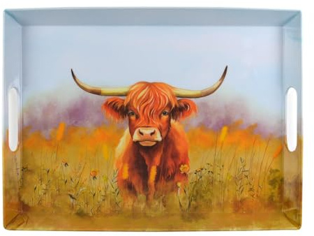 YöL Highland Cow Serving Tray Design - Drinks Food Snacks Carrier With Handles - Plastic Melamine - Breakfast Lunch Dinner Summer Dining Watercolour Animal Print