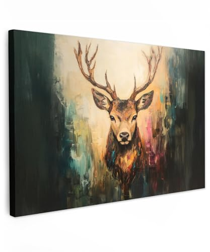 MuchoWow© Leinwandbilder Groß 120x80 cm XXL Wall Art Decoration Bilder für die Wand Schlafzimmer Deko Canvas Painting Wanddekoration Wohnzimmer Hirsch - Gemalt - Geweih - Braun