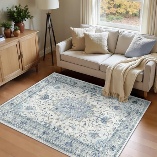 INOVADAY Alfombras Lavable en Máquina 120x180 cm Vintage Bajo Pelo Alfombra Estampado Tapete para Salón de Estar, Dormitorio, Oficina en Casa Azul/Gris