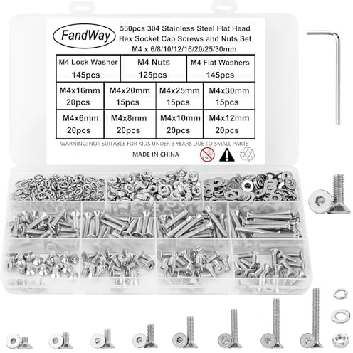 560 Pièces Boulon et écrous Rondelles Set,M4 Vis à Six Pans Creux Vis à Tête Fraisée Hexagonale DIN 7991,Vis à Métaux Tête Plate en Acier Inoxydable 304 Assortiment Kit Avec 1 Clés Allen.