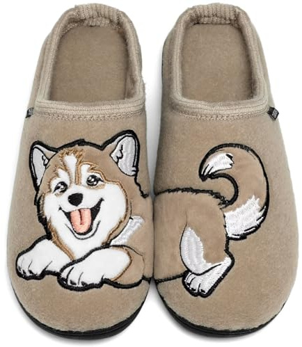 GURGER Zapatillas de Estar por Casa Hombre Mujer Invierno Pantuflas de Casa Forro de Peluche Cálidas Espuma Viscoelástica Suela Antideslizante Bordado de Animales, Caqui 46 47