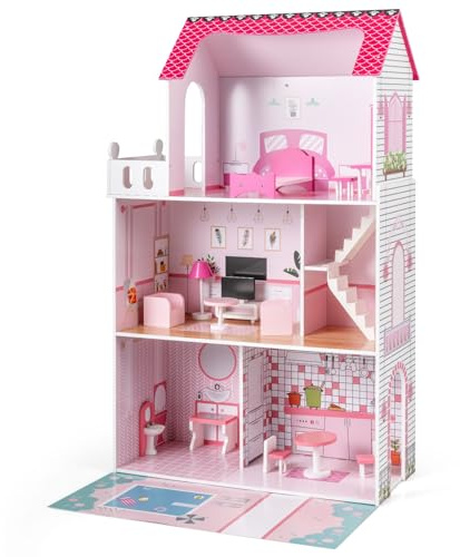 FANTASK Casa de muñecas de Madera de 120,5 cm de Alto, 3 Niveles y 17 Muebles, casa de Juegos para niñas y niños a Partir de 2 años, 73 x 34 x 120,5 cm (Rosa)