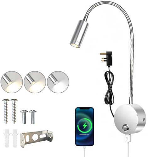LED Wall Mounted Bedside Reading Lamp with Flexible Gooseneck | For Bed, For Van Truck Motorhome Caravan, 3 Brightness Levels