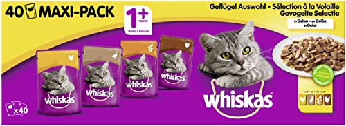 Whiskas 1 + Katzenfutter – Geflügel-Auswahl in Gelee – Hochwertiges Feuchtfutter für ausgewachsene Katzen – 40 Portionsbeutel à 100g