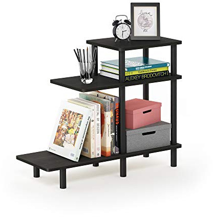 Furinno TURN-N-TUBE Side Table, 3-Tier L-Shape End Table with Open Shelf, Tall Toolless Night Stand, Bedside Table, for Living Room, Bedroom, Espresso