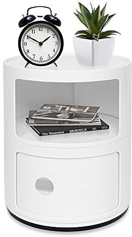 Ejoyous 2 Lagen Container nachtkommode Rollcontainer Nachttisch, Moderner Nachtschrank Rund mit schublade Weiss Runder Beistelltisch aus ABS-Kunststoff, Eckschrank für Badezimmer-Schlafzimmer (Weiß)
