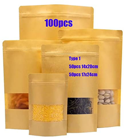 ZAMISS 100 Stück Kraftpapier Tüten mit klarem Fenster Reißverschluss und Einkerbung Papiertüte versiegeln Aufbewahrungsbeutel für Lebensmittel für Nüsse Samen Bohnen Kaffee Süßigkeiten Snacks