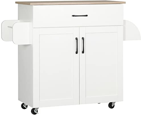 HOMCOM Isla de Cocina con Ruedas, Carrito de Cocina con Cajón, 2 Puertas, Toallero y Especiero, Estante Ajustable, para Comedor, 105x36x85 cm, Blanco