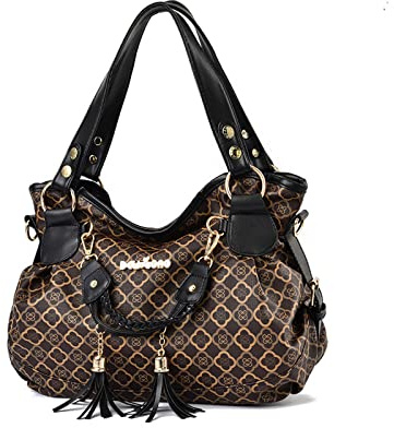 NICOLE & DORIS Handtasche Damen Retro Schultertasche Weiche PU Leder Retro Shopper Tasche Hobo Henkeltasche Groß Umhängetasche Bedruckte Tragetasche für Alltag, Schule,Reise Blume Schwarz