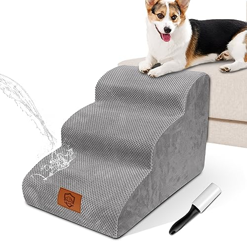 Zvonema Hundetreppe, wasserdichte Hundetreppe 40 cm Hoch, rutschfeste 3 Stufen Treppe für Hunde, Verletzungsprophylaxe Hochwertige Schwamm Katzentreppe, Waschbar Hunderampe für Sofa Bett Auto