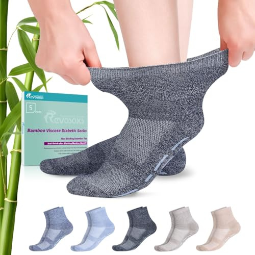 Revosoxs Diabetic Socks with Grippers for Men Women,5 Pairs Non Binding Bamboo Diabetic Ankle Socks with Grips size 7-9 9-11(Dark-Large)