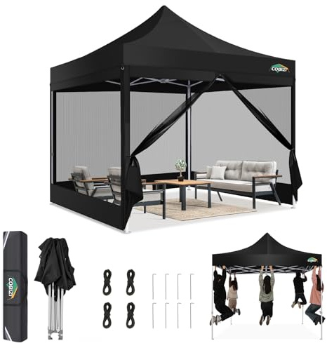 COBIZI Pavillon 3x3,Faltpavillon 3x3 Wasserdicht Stabil,Pavillon Faltbar Anti-UV mit Mesh-Seitenwände,Pavillion für Camping Events, Partyzelt Gartenzelt mit Tragetasche(3 mal 3m Schwarz)
