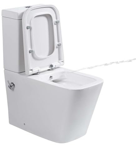 Rimless Close Coupled Toilet with Bidet, All in One Integrated Combined Bidet Toilet Back to Wall Comfort Height Toilets Ceramic WC Pan Cistern Soft Close Seat Square Bathroom Toilets