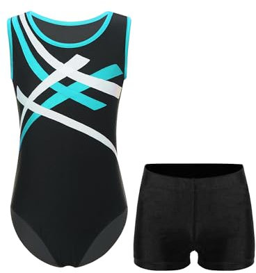 inlzdz 2Pcs Turnanzug Jungen Sportanzug Gymnastikanzug Ballett Tanzbody mit Shorts Tanzhose Trainingsanzug Ballettkleidung Blau Grün & Schwarz 110-116