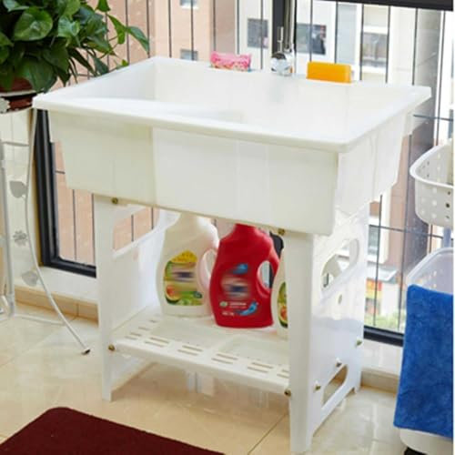 Évier à Linge Autoportant avec Robinet, Évier Utilitaire en Plastique avec Bac à Laver Et Égouttoir en Acier Inoxydable, pour Buanderie, Garage, sous-Sol, Jardin