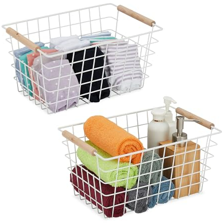 Relaxdays Panier de rangement en métal, lot de 2, poignées en bois, 16 x 31 x 21 cm, rectangulaire, blanc