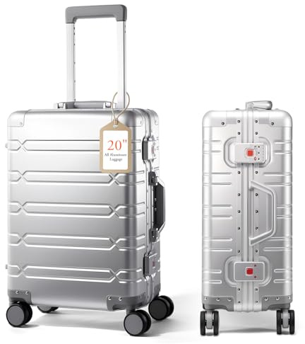 UrbanExplorer All Aluminum Carry On Luggage Hard Shell Suitcases with Spinner Wheels Zipperless Luggage 20 inch Small Carry On Suitcase for Short Trips, Sliver