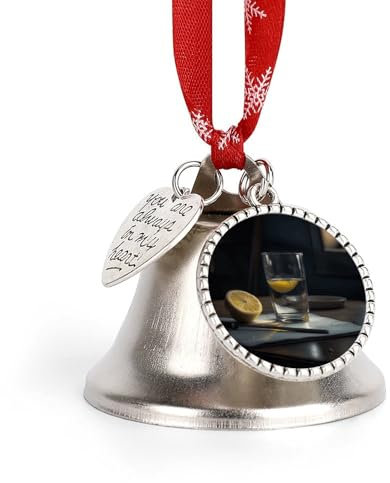 Glass of Water with Lemon Christmas Bell Ornament Shiny Silver Christmas Tree Ornament with Angel Wing and Heart Charms Christmas Tree Bell Pendant with Ribbon for Indoor Outdoor Home Decoration