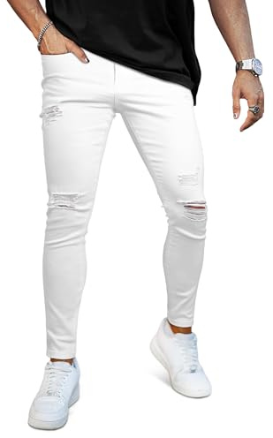 GINGTTO Mens Ripped Jeans Stretch Skinny Denim Destroyed Pants for Men Slim Fit Designer Trousers Tapered Leg White 34/32