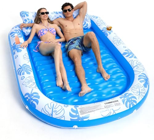 COMMOUDS Inflatable Tanning Pool Lounger Float with Cervical Pillow - Ultra Large(89 x 67) Pool Floats Adult for Sunbathing, Backyard, Pool Party - Inflate Ball Pit for Baby - Kid Swimming Pool Bed