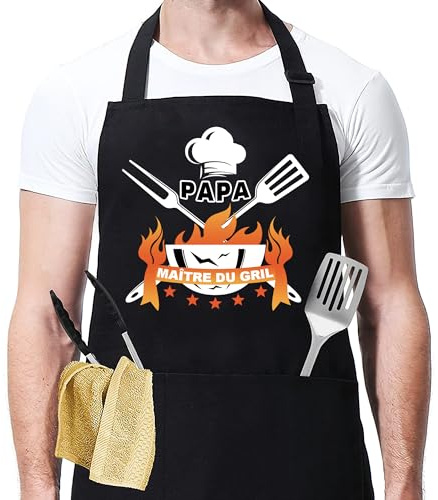 AWCIGG Tablier Barbecue Homme Cadeau Fete Des Peres Tablier Cuisine Homme Humour Cadeau Anniversaire tablier Papa Barbecue Chef Humoristique Accessoire Avec 3 Poches Pour BBQ Fête Noël