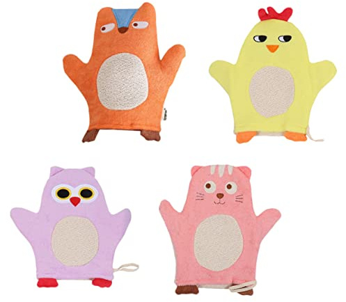 LRXIYODE 4 pièces de Bain Garçon Fille Lavables Motifs Animaux Doux Exfoliants pour Garçon Fille Pratiques et pour Voyage