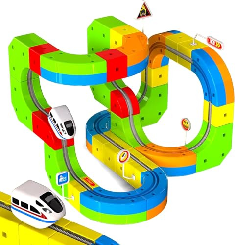 Electric Train Set for Kids 3-10 Years Old, 69Pcs 3D Racing Track with Train, Traffic Signs & Bridge, STEM Building Toys for Boys Girls, Creative Magnetic Tiles Train Set Birthday Easter Gift