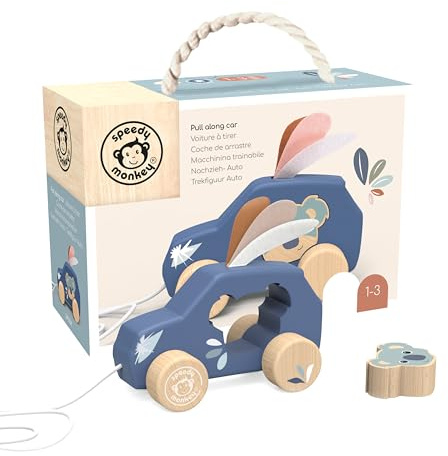 SPEEDY MONKEY Wooden Pull-Along Car for Toddlers 12m+, Kids Gift | Multicolour rolling pull toy for kids, boys and girls, enhances balance, motor skills and coordination