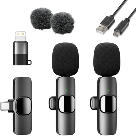 Micrófono Inalámbrico Pack Profesional 2 Pcs para iPhone y Android – 2 Pack Lavalier Profesional con Cancelación de Ruido, USB-C + Lightning, 8H Autonomía, Plug & Play para TikTok, YouTube, Podcast...