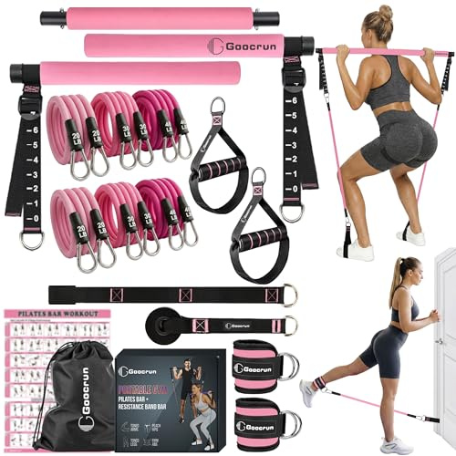 Goocrun bärbart pilates bar-kit, motståndsbandsset med handtag. Hemmagym med dörrankare och förlängningsrem. Stöder helkroppsträning – med fitnessaffischer och videor
