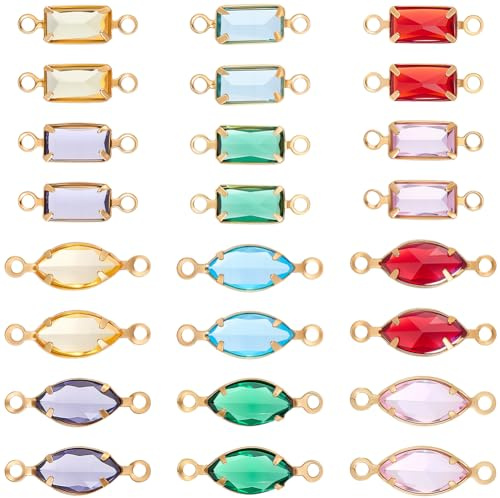 BEAMARKER 72Pcs 12 Styles Glass Bead Connectors Crystal Connector Charms Colorful Horse Eye Rectangle Brass Double Loop Ring Rhinestone Shine Link Pendants for Necklace Bracelet Earring Jewelry Craft
